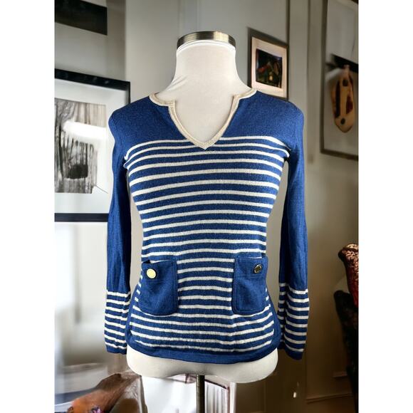 Tory Burch Odessa Merino Wool V-Neck Striped Wool Sweater Blue Small? H12151 - Picture 2 of 16